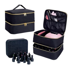 منظم طلاء أظافر محمول باليد بطبقتين، حقيبة يد لمستحضرات التجميل للفتيات والنساء