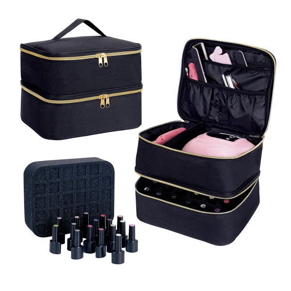 منظم طلاء أظافر محمول باليد بطبقتين، حقيبة يد لمستحضرات التجميل للفتيات والنساء