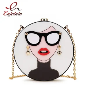 حقيبة كلاتش دائرية من الأكريليك بتصميم امرأة أنيق وجذاب، حقيبة فاخرة للحفلات للنساء يمكن استخدامها كحقيبة يد أو كتف مع سلسلة