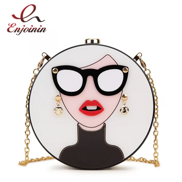 حقيبة كلاتش دائرية من الأكريليك بتصميم امرأة أنيق وجذاب، حقيبة فاخرة للحفلات للنساء يمكن استخدامها كحقيبة يد أو كتف مع سلسلة