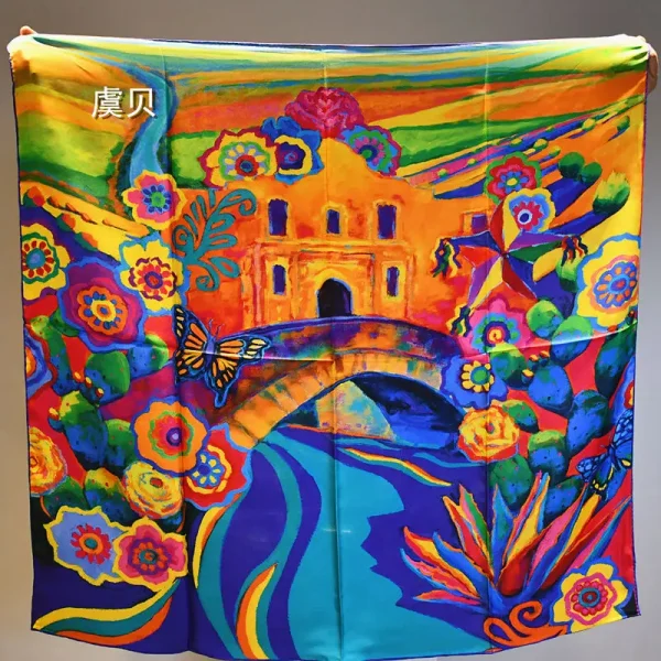 وشاح نسائي مربع كبير من الحرير الطبيعي مطبوع بألوان زاهية   .