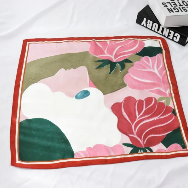 وشاح نسائي عصري مقاس 55×55 سم، مربعات صغيرة بنقش شخصيات كرتونية ونباتات وتصاميم تجريدية، وشاح احترافي صغير للنساء.