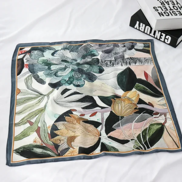 وشاح نسائي عصري مقاس 55×55 سم، مربعات صغيرة بنقش شخصيات كرتونية ونباتات وتصاميم تجريدية، وشاح احترافي صغير للنساء.