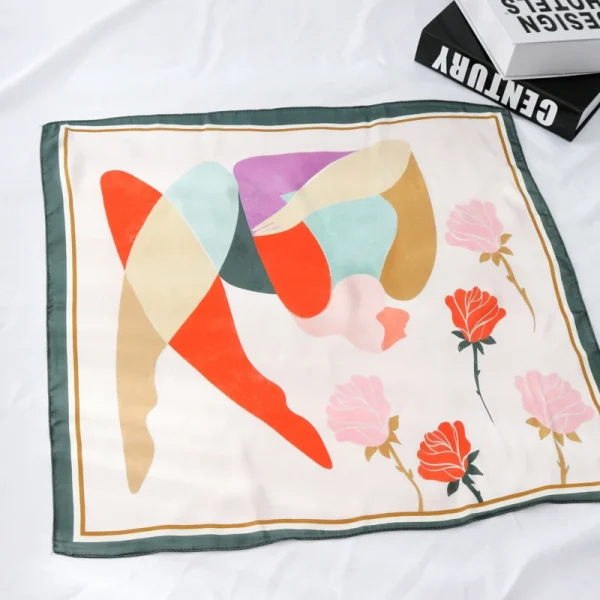 وشاح نسائي عصري مقاس 55×55 سم، مربعات صغيرة بنقش شخصيات كرتونية ونباتات وتصاميم تجريدية، وشاح احترافي صغير للنساء.