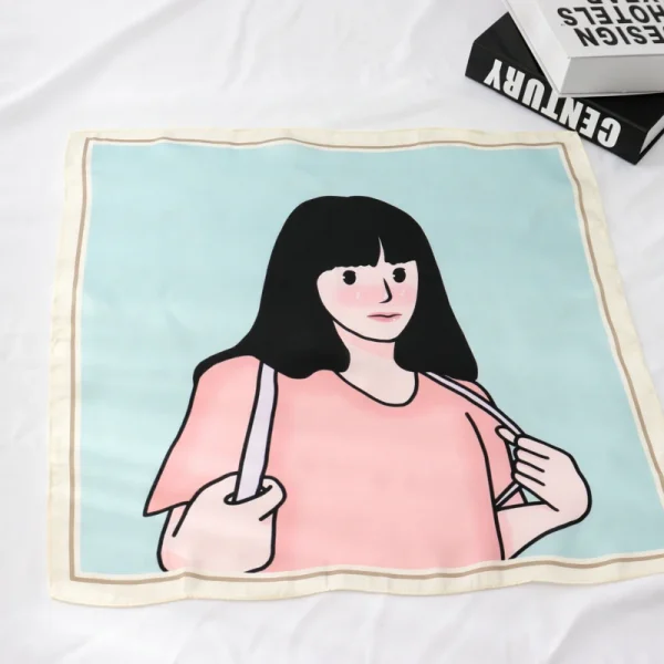 وشاح نسائي عصري مقاس 55×55 سم، مربعات صغيرة بنقش شخصيات كرتونية ونباتات وتصاميم تجريدية، وشاح احترافي صغير للنساء.