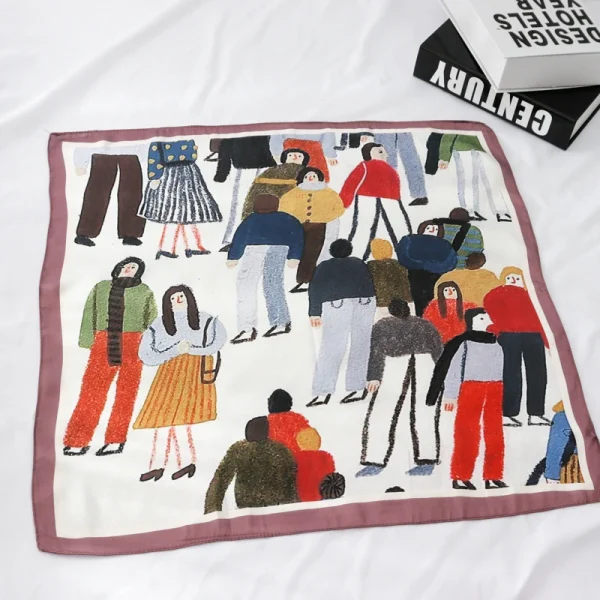 وشاح نسائي عصري مقاس 55×55 سم، مربعات صغيرة بنقش شخصيات كرتونية ونباتات وتصاميم تجريدية، وشاح احترافي صغير للنساء.