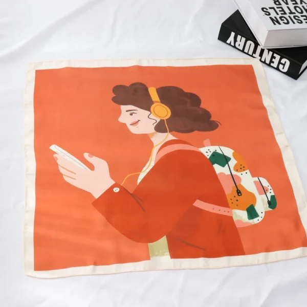 وشاح نسائي عصري مقاس 55×55 سم، مربعات صغيرة بنقش شخصيات كرتونية ونباتات وتصاميم تجريدية، وشاح احترافي صغير للنساء.