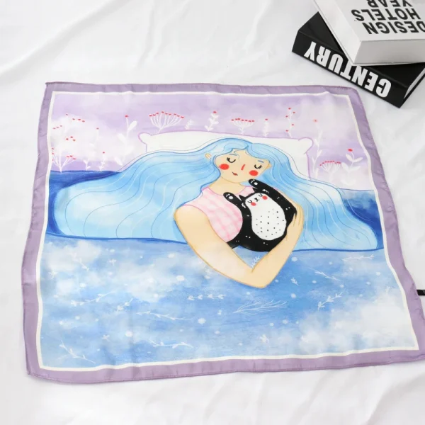 وشاح نسائي عصري مقاس 55×55 سم، مربعات صغيرة بنقش شخصيات كرتونية ونباتات وتصاميم تجريدية، وشاح احترافي صغير للنساء.