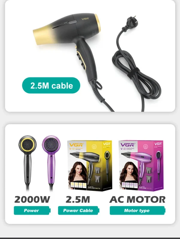 مجفف شعر VGR بقوة 2000-2400 واط باللونين الأصفر والزهري