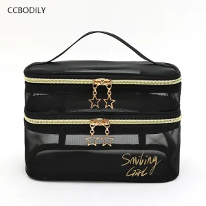 حقيبة مكياج شبكية سوداء بسعة كبيرة