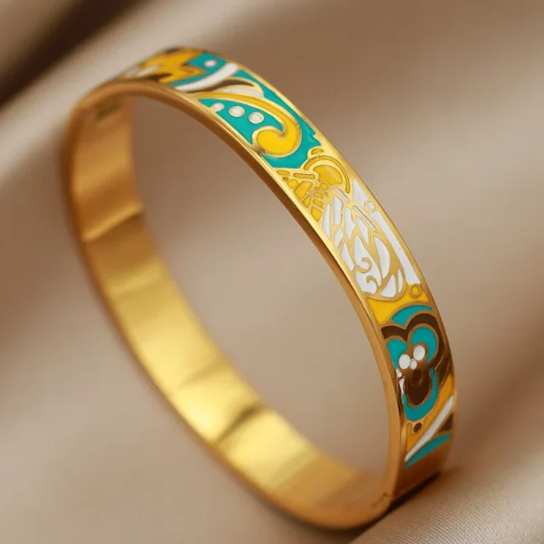 أساور نسائية بتصميم جديد مزينة بزهور بتأثير لوحات الزيت، مصنوعة من الفولاذ المقاوم للصدأ