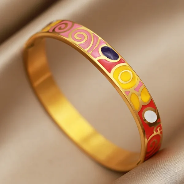 أساور نسائية بتصميم جديد مزينة بزهور بتأثير لوحات الزيت، مصنوعة من الفولاذ المقاوم للصدأ