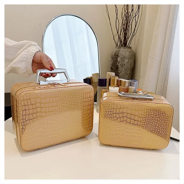 S2944d8bf75604abcadf043a0bdcb4cb9j.webp حقيبة مكياج محمولة للسيدات، بسعة كبيرة وملمس لامع، مناسبة للسفر