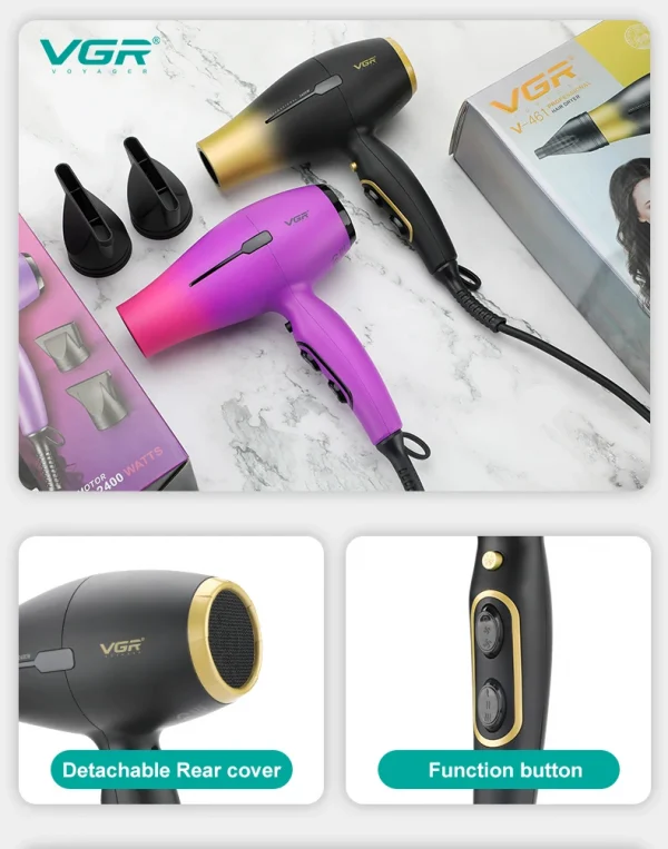 مجفف شعر VGR بقوة 2000-2400 واط باللونين الأصفر والزهري