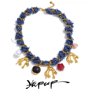 عقد بارز من يهبپ، مزين بسلسلة من الجينز الأزرق ولؤلؤ وزهرة من الأكريليك تتدلى كتعليقة، مصنوع من ستانلس ستيل، مجوهرات عنق عتيقة مناسبة للخريف والشتاء