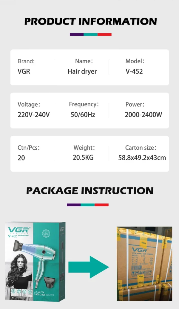 مجفف شعر VGR عالي القوة 2000-2400 واط بلون مميز