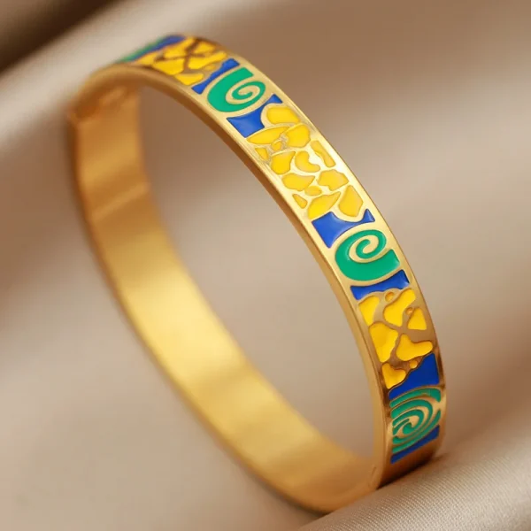 أساور نسائية بتصميم جديد مزينة بزهور بتأثير لوحات الزيت، مصنوعة من الفولاذ المقاوم للصدأ