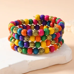 سوار متعدد الطبقات مصنوع يدويًا من خرز خشبي ملوّن