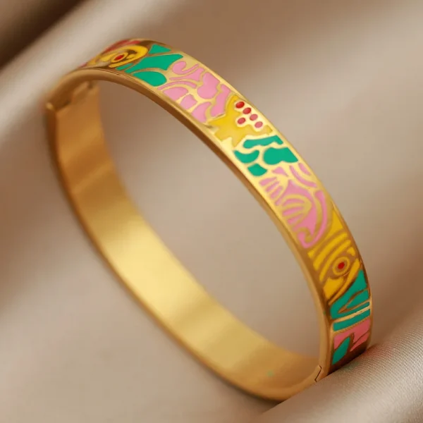 أساور نسائية بتصميم جديد مزينة بزهور بتأثير لوحات الزيت، مصنوعة من الفولاذ المقاوم للصدأ