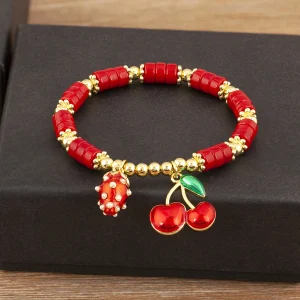 سوار من Nidin بتصميم على شكل الكرز والقلب مع خرز أحمر