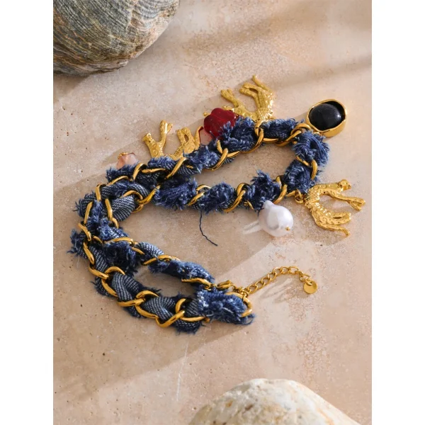 عقد بارز من يهبپ، مزين بسلسلة من الجينز الأزرق ولؤلؤ وزهرة من الأكريليك تتدلى كتعليقة، مصنوع من ستانلس ستيل، مجوهرات عنق عتيقة مناسبة للخريف والشتاء