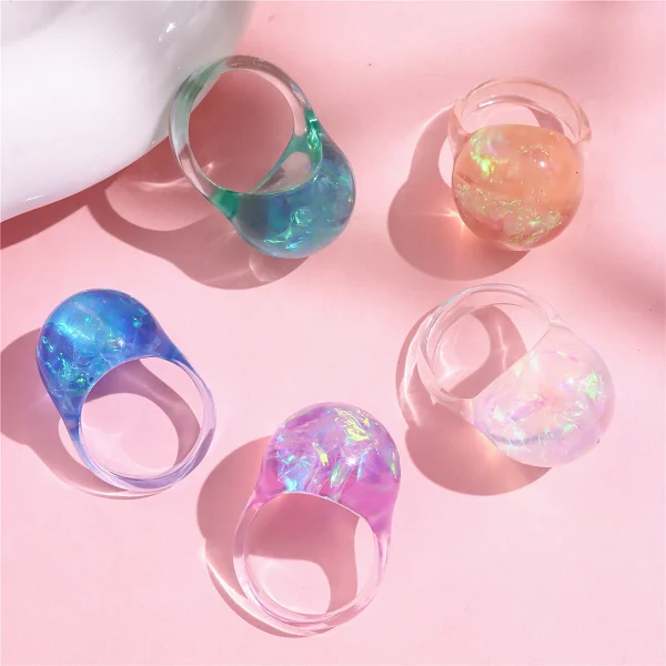 خاتم شفاف ملون من الراتنج من HUANZHI، لامع وبراق