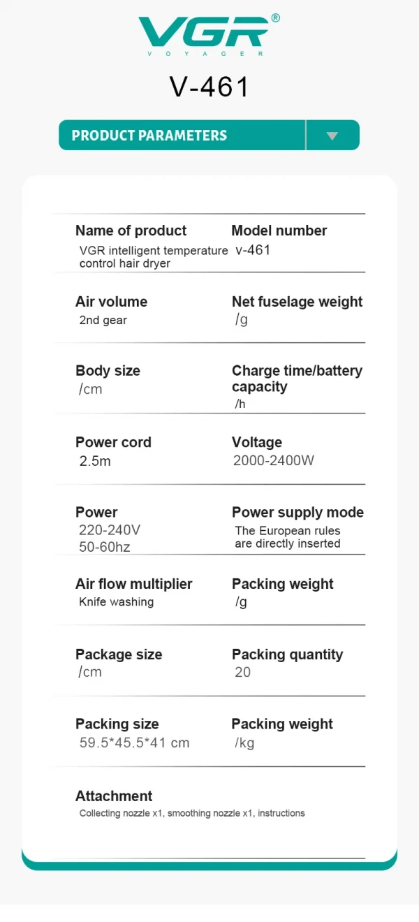 مجفف شعر VGR بقوة 2000-2400 واط باللونين الأصفر والزهري