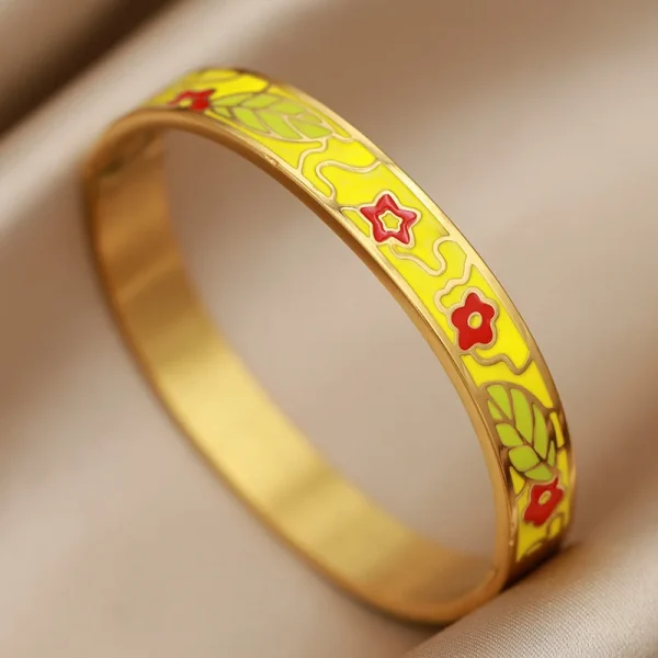 أساور نسائية بتصميم جديد مزينة بزهور بتأثير لوحات الزيت، مصنوعة من الفولاذ المقاوم للصدأ