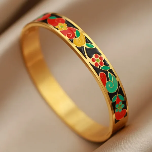 أساور نسائية بتصميم جديد مزينة بزهور بتأثير لوحات الزيت، مصنوعة من الفولاذ المقاوم للصدأ