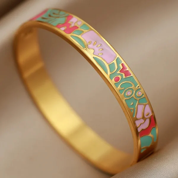 أساور نسائية بتصميم جديد مزينة بزهور بتأثير لوحات الزيت، مصنوعة من الفولاذ المقاوم للصدأ