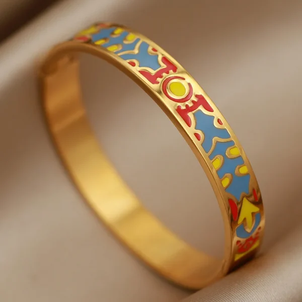 أساور نسائية بتصميم جديد مزينة بزهور بتأثير لوحات الزيت، مصنوعة من الفولاذ المقاوم للصدأ