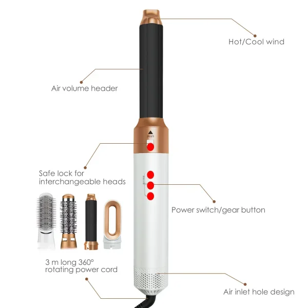 مجفف شعر احترافي 5 في 1 مع مشط هواء ساخن ومُجعِّد