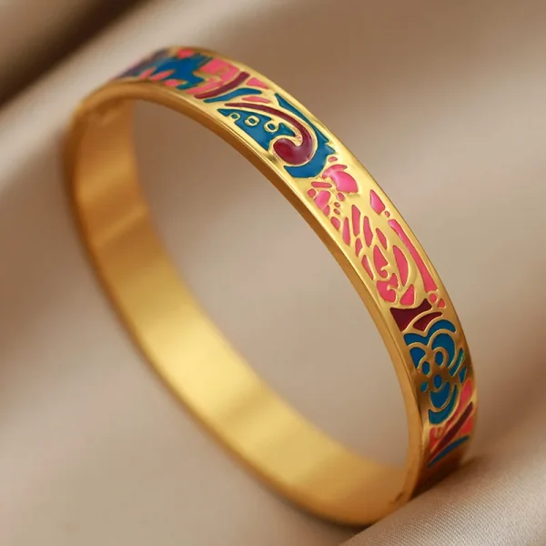 أساور نسائية بتصميم جديد مزينة بزهور بتأثير لوحات الزيت، مصنوعة من الفولاذ المقاوم للصدأ