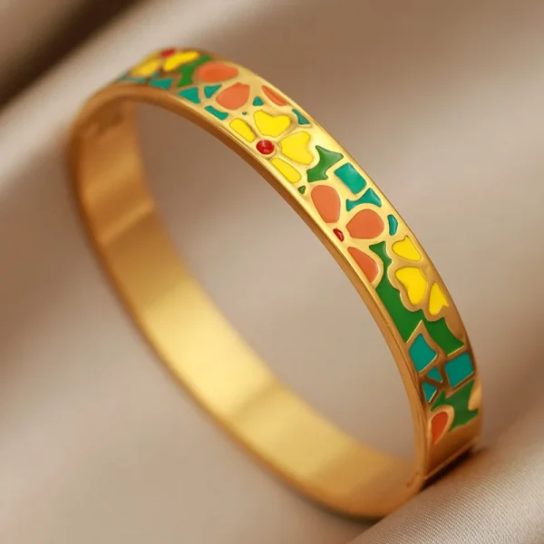 أساور نسائية بتصميم جديد مزينة بزهور بتأثير لوحات الزيت، مصنوعة من الفولاذ المقاوم للصدأ