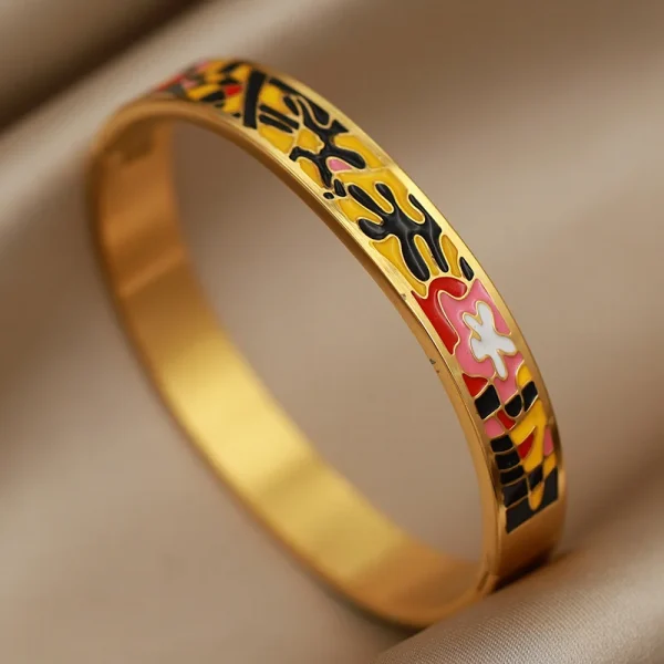 أساور نسائية بتصميم جديد مزينة بزهور بتأثير لوحات الزيت، مصنوعة من الفولاذ المقاوم للصدأ