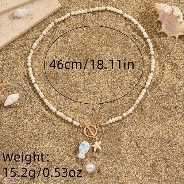 قلادة السمكة من السيراميك ملونة ومصنوعه يدويًا من خرز الؤلؤ ونجمة البحر