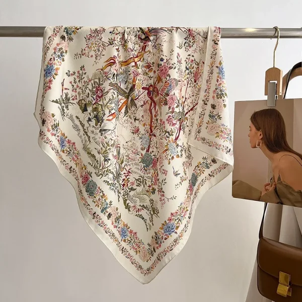 وشاح حريري بحجم 70x70 سم، بتصميم بسيط وأنيق، مزين بطباعة زهور وطيور، من قماش مخملي، على الطراز الكوري، مناسب للريف، دافئ