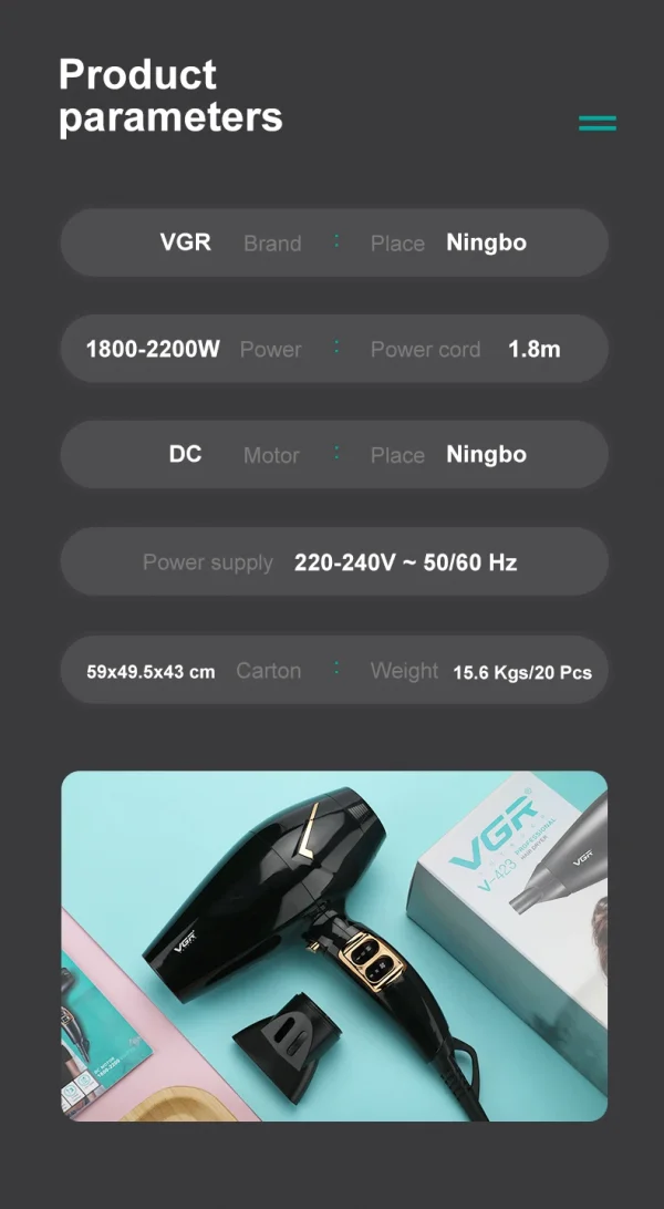 مجفف شعر VGR عملي وعالي القوة مناسب للصالونات المنزلية والمحترفين